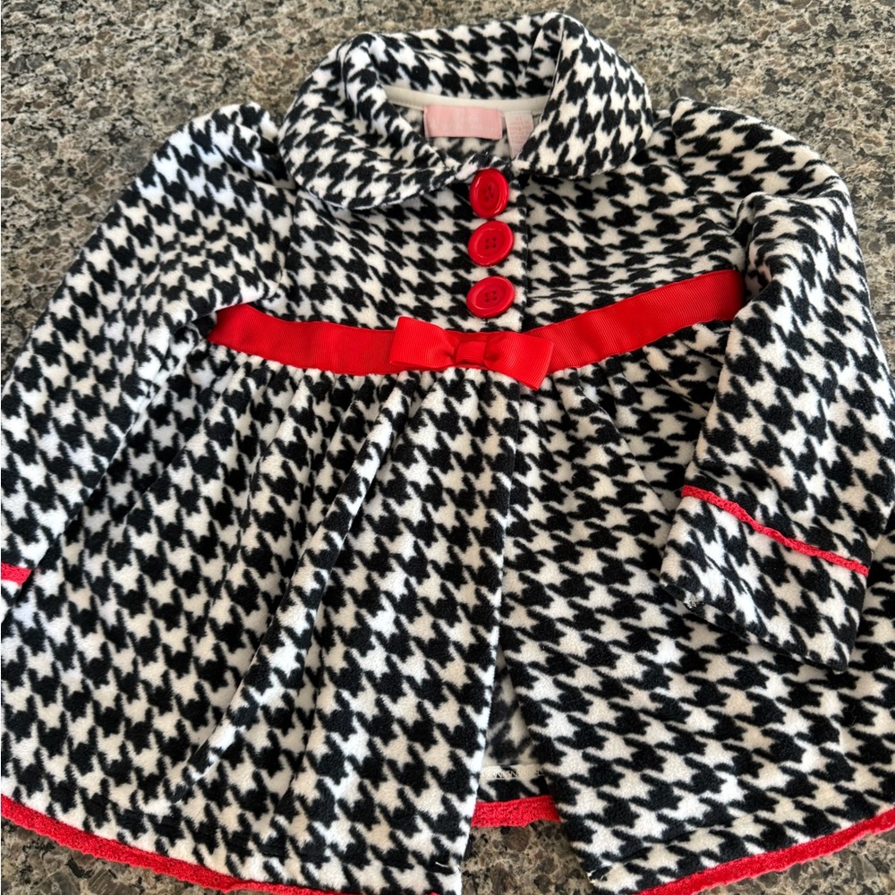Girls Black & White Houndstooth Coat with Red Trim Toddler size 2 fleece